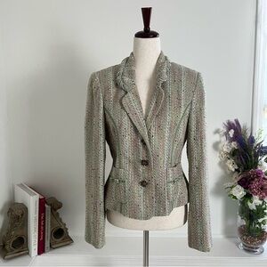 Retro Pastel Green Pink Tweed Blazer with Velvet Bow Jewel  Buttons Silk Lining